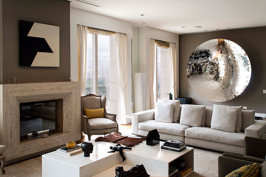 Living room with contemporary art and sculpture