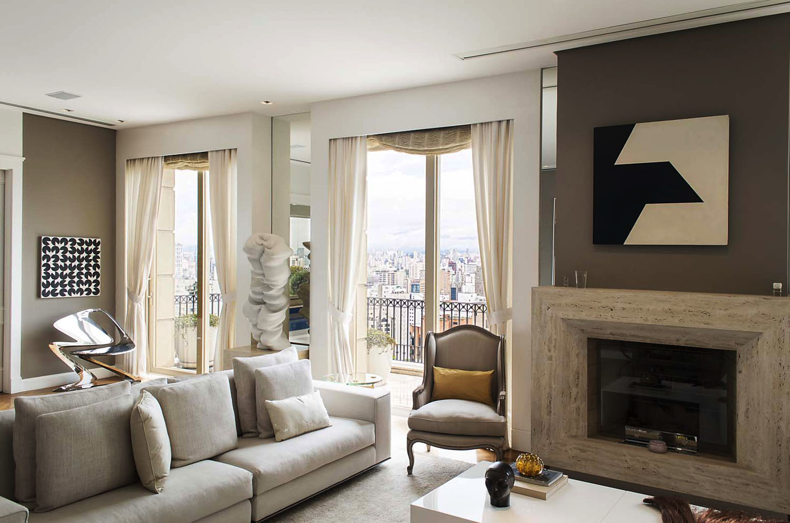 Double-height living room with private art collection